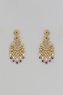 Gold Plated Kundan Polki & Purple Stone Chandbali Earrings