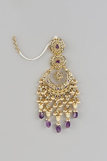 Gold Plated Kundan Polki & Purple Stone Chandbali Earrings