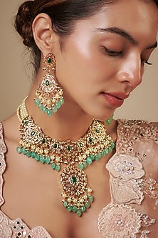 Gold Plated Kundan Polki & Green Pearl Necklace Set