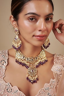 Gold Plated Kundan Polki & Purple Pearl Necklace Set