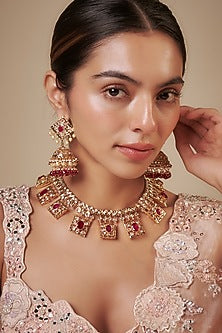 Gold Plated Kundan Polki & Red Gemstone Necklace Set
