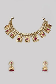 Gold Plated Kundan Polki & Red Gemstone Necklace Set