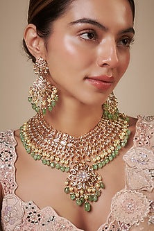 Gold Plated Kundan Polki & Green Beaded Choker Necklace Set