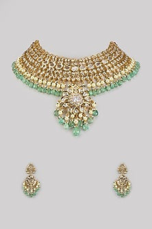 Gold Plated Kundan Polki & Green Beaded Choker Necklace Set