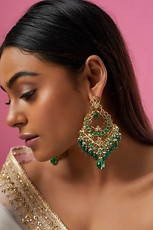 Gold Plated Semi-Precious Kundan Polki Chandbali Earrings
