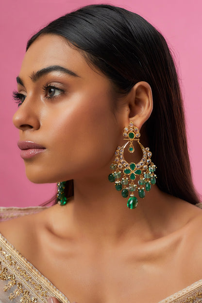 Gold Plated Semi-Precious Kundan Polki Chandbali Earrings