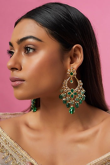 Gold Plated Semi-Precious Kundan Polki Chandbali Earrings