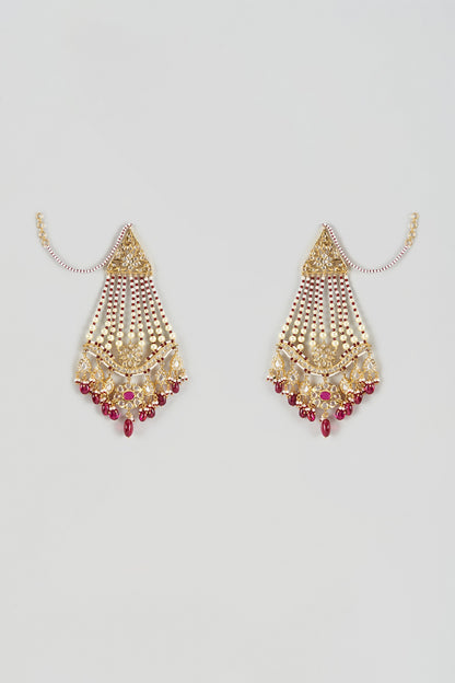 Gold Plated Kundan Polki & Red Onyx Chandbali Earrings