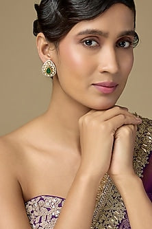 Gold Finish Kundan Polki & Pear-Cut Emerald Drop Stud Earrings In Sterling Silver