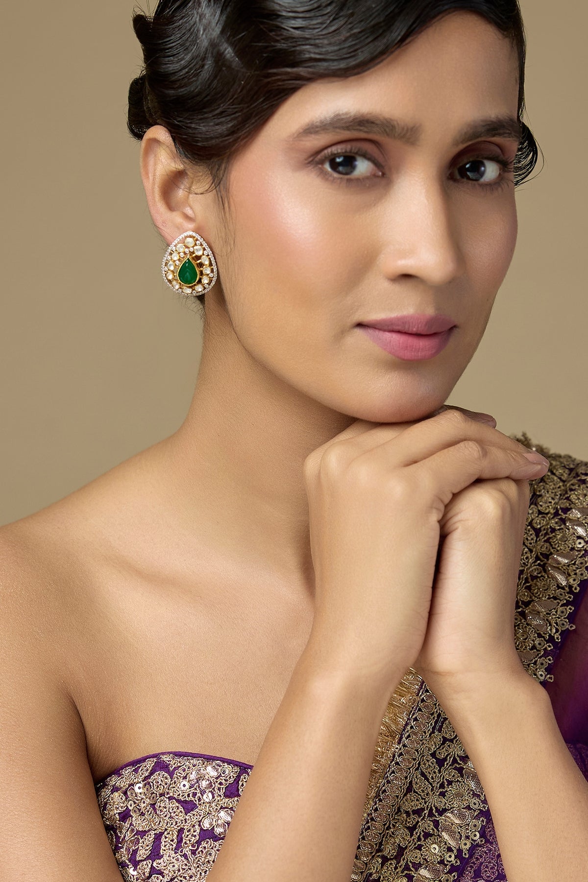 Gold Finish Kundan Polki & Pear-Cut Emerald Drop Stud Earrings In Sterling Silver