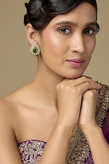 Gold Finish Kundan Polki & Pear-Cut Emerald Drop Stud Earrings In Sterling Silver
