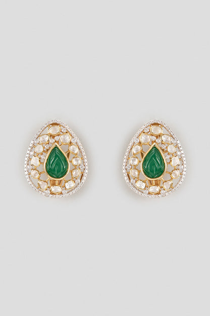 Gold Finish Kundan Polki & Pear-Cut Emerald Drop Stud Earrings In Sterling Silver