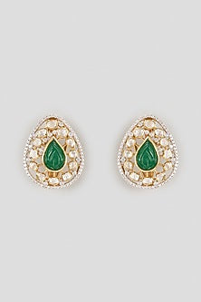 Gold Finish Kundan Polki & Pear-Cut Emerald Drop Stud Earrings In Sterling Silver