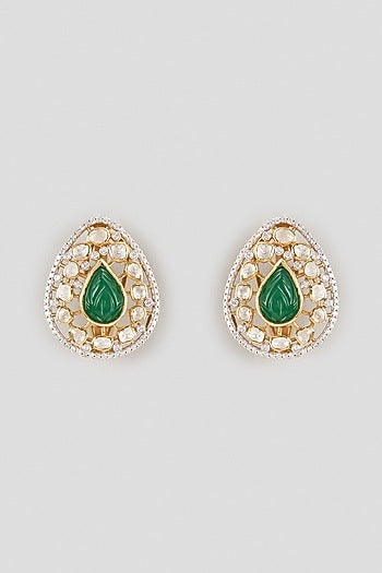 Gold Finish Kundan Polki & Pear-Cut Emerald Drop Stud Earrings In Sterling Silver
