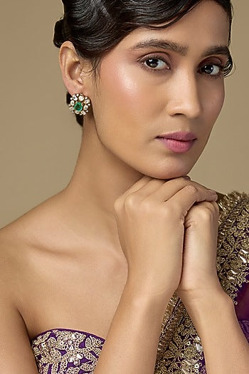 Gold Finish Kundan Polki & Emerald Stone Stud Earrings In Sterling Silver