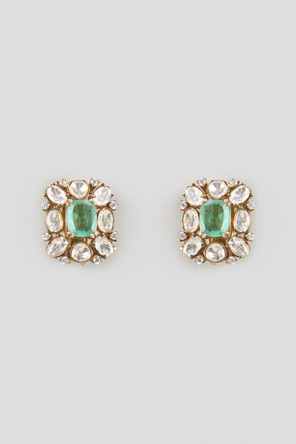 Gold Finish Kundan Polki & Emerald Stone Stud Earrings In Sterling Silver