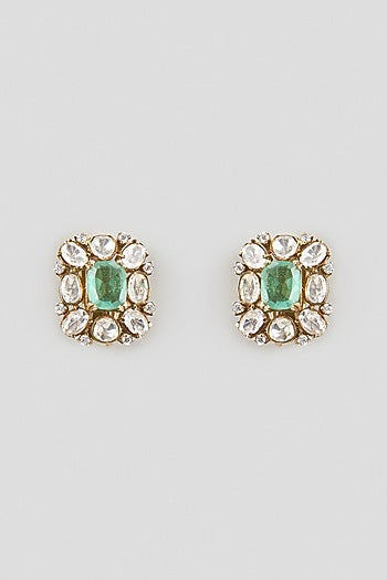 Gold Finish Kundan Polki & Emerald Stone Stud Earrings In Sterling Silver