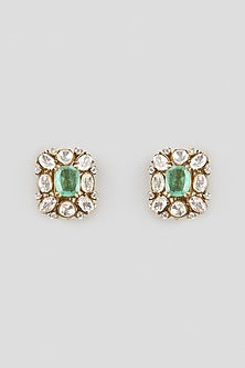 Gold Finish Kundan Polki & Emerald Stone Stud Earrings In Sterling Silver