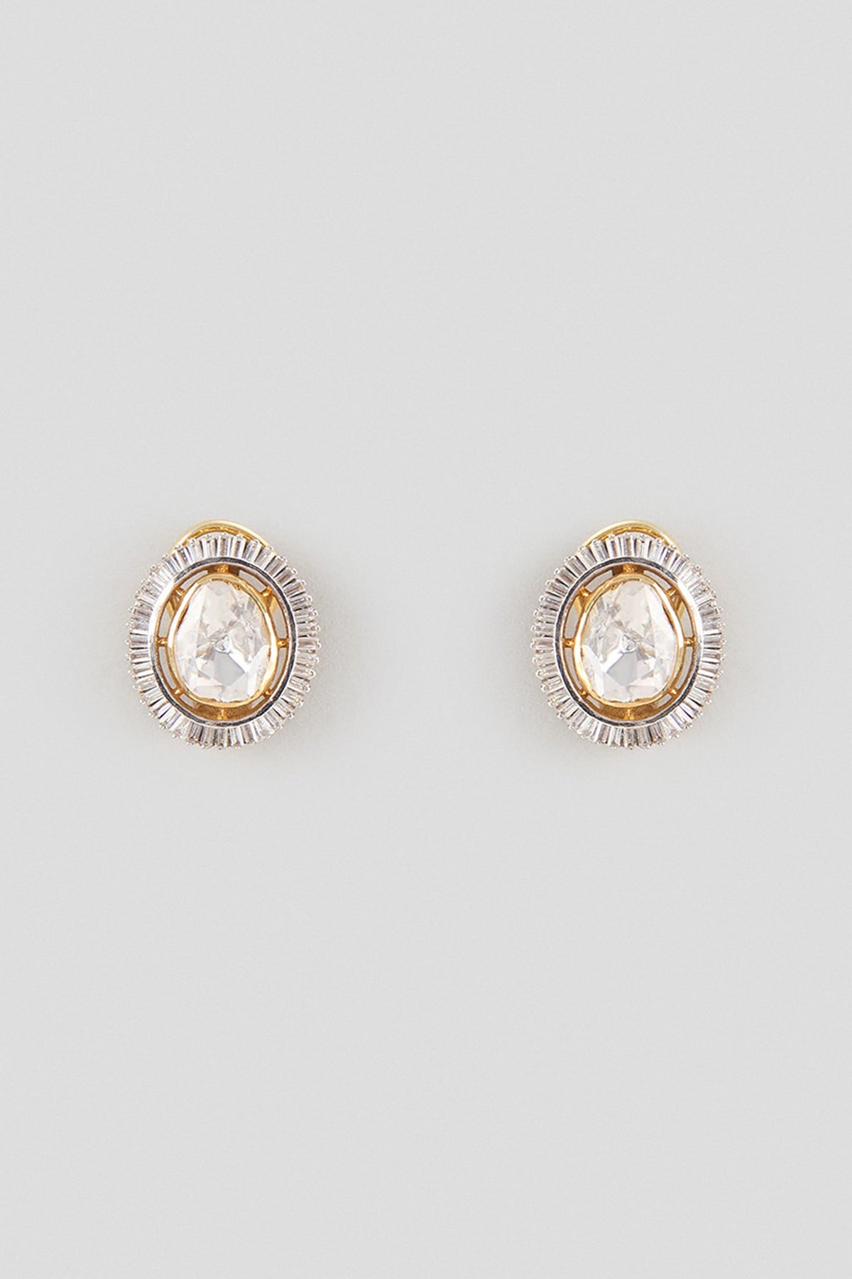 Gold Finish Kundan Polki Stud Earrings In Sterling Silver