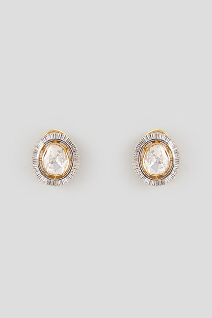 Gold Finish Kundan Polki Stud Earrings In Sterling Silver