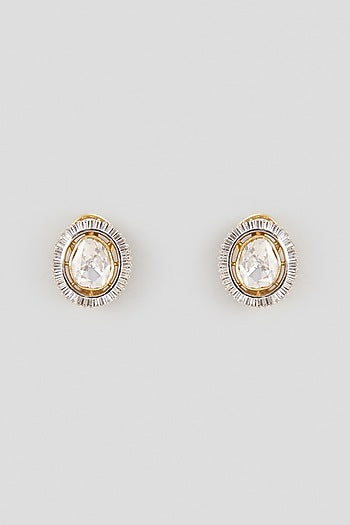 Gold Finish Kundan Polki Stud Earrings In Sterling Silver