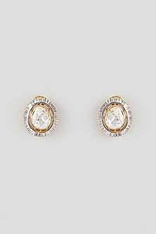 Gold Finish Kundan Polki Stud Earrings In Sterling Silver
