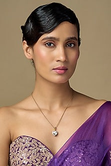 Gold Finish Kundan Polki & Pearl Heart-Shaped Pendant Necklace In Sterling Silver