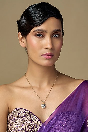 Gold Finish Kundan Polki & Pearl Heart-Shaped Pendant Necklace In Sterling Silver
