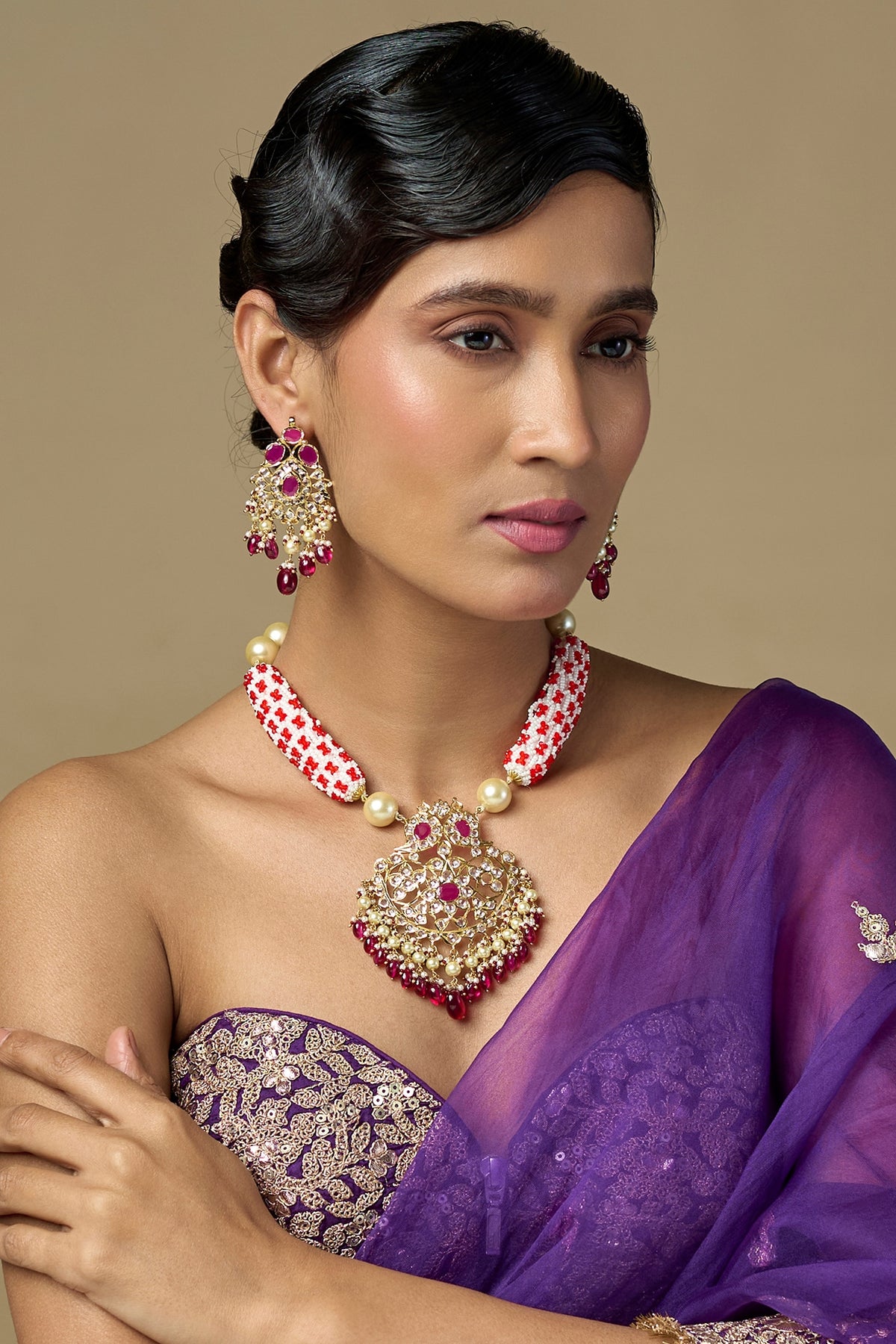 Gold Finish Polki Diamond & Ruby Long Necklace Set