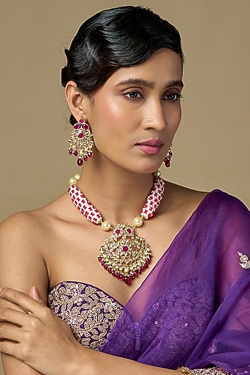 Gold Finish Polki Diamond & Ruby Long Necklace Set