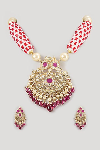 Gold Finish Polki Diamond & Ruby Long Necklace Set