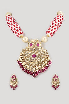 Gold Finish Polki Diamond & Ruby Long Necklace Set