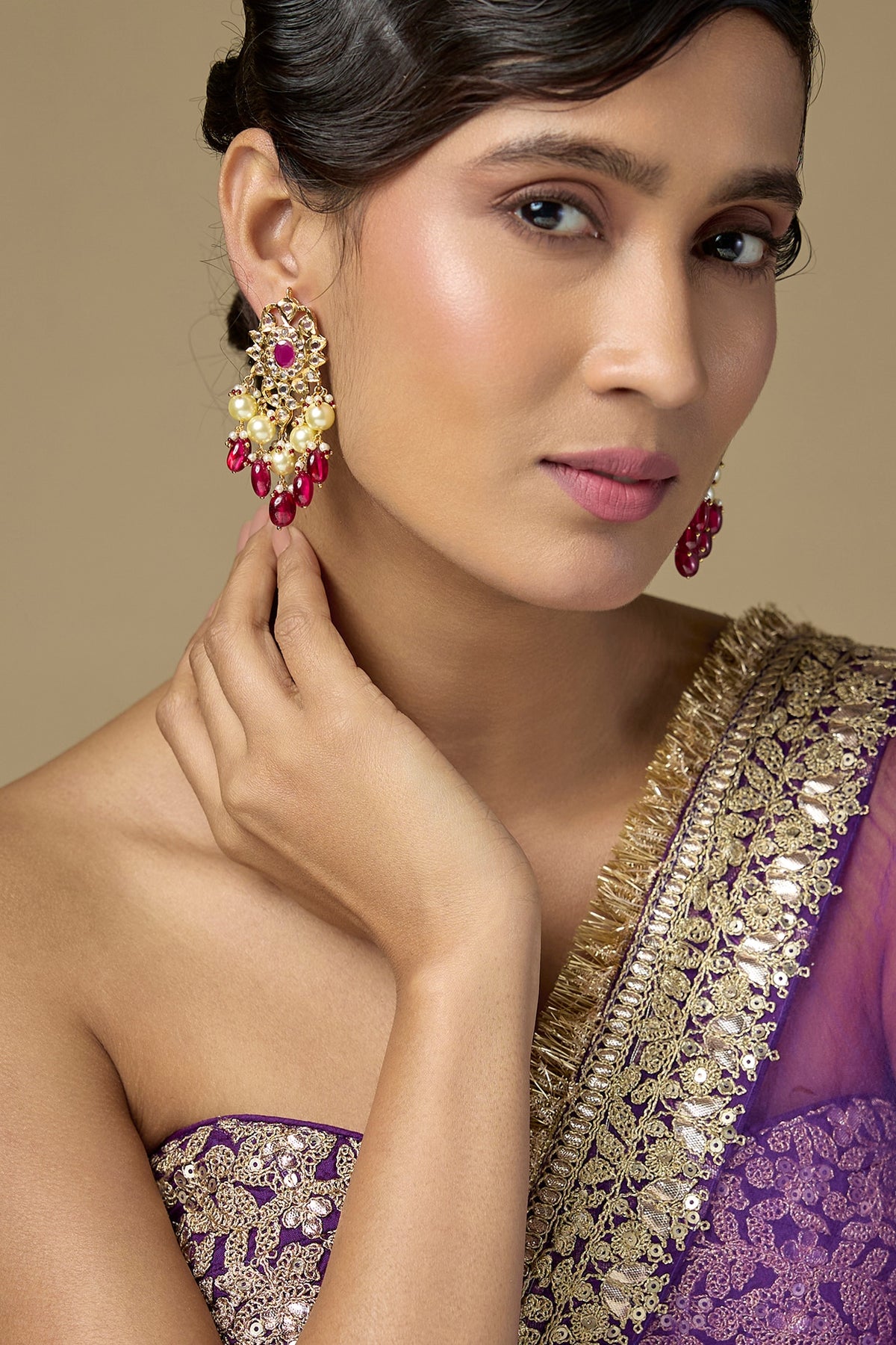 Gold Finish Ruby & Pearl Dangler Earrings
