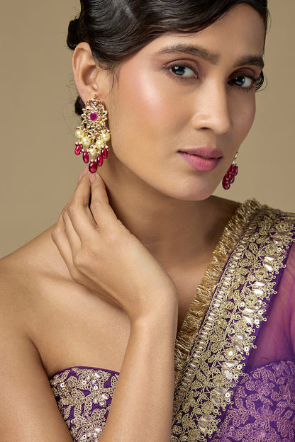 Gold Finish Ruby & Pearl Dangler Earrings