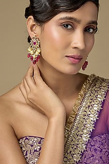 Gold Finish Ruby & Pearl Dangler Earrings