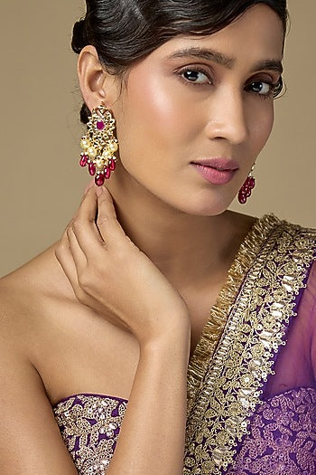 Gold Finish Ruby & Pearl Dangler Earrings