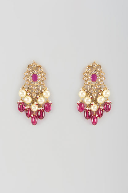 Gold Finish Ruby & Pearl Dangler Earrings