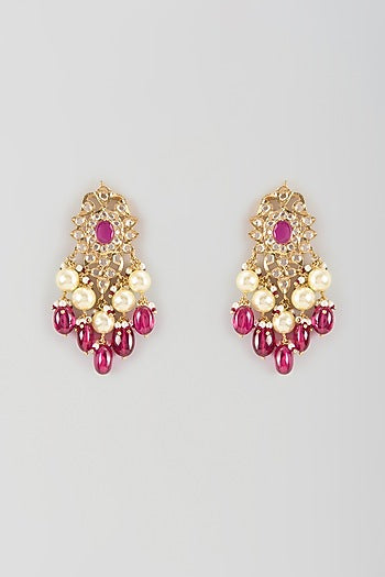 Gold Finish Ruby & Pearl Dangler Earrings