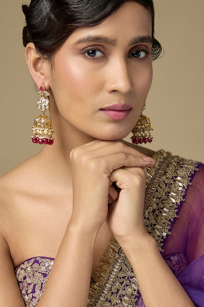 Gold Finish Kundan Polki & Ruby Drop Jhumka Earrings