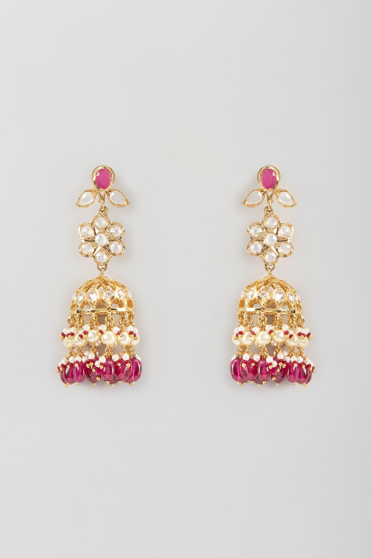 Gold Finish Kundan Polki & Ruby Drop Jhumka Earrings