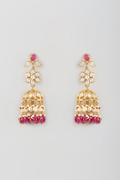 Gold Finish Kundan Polki & Ruby Drop Jhumka Earrings