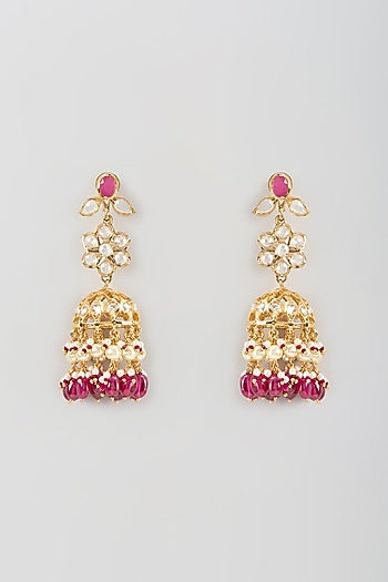 Gold Finish Kundan Polki & Ruby Drop Jhumka Earrings