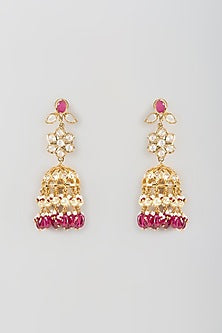 Gold Finish Kundan Polki & Ruby Drop Jhumka Earrings