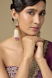 Gold Finish Kundan Polki & Ruby Dangler Earrings