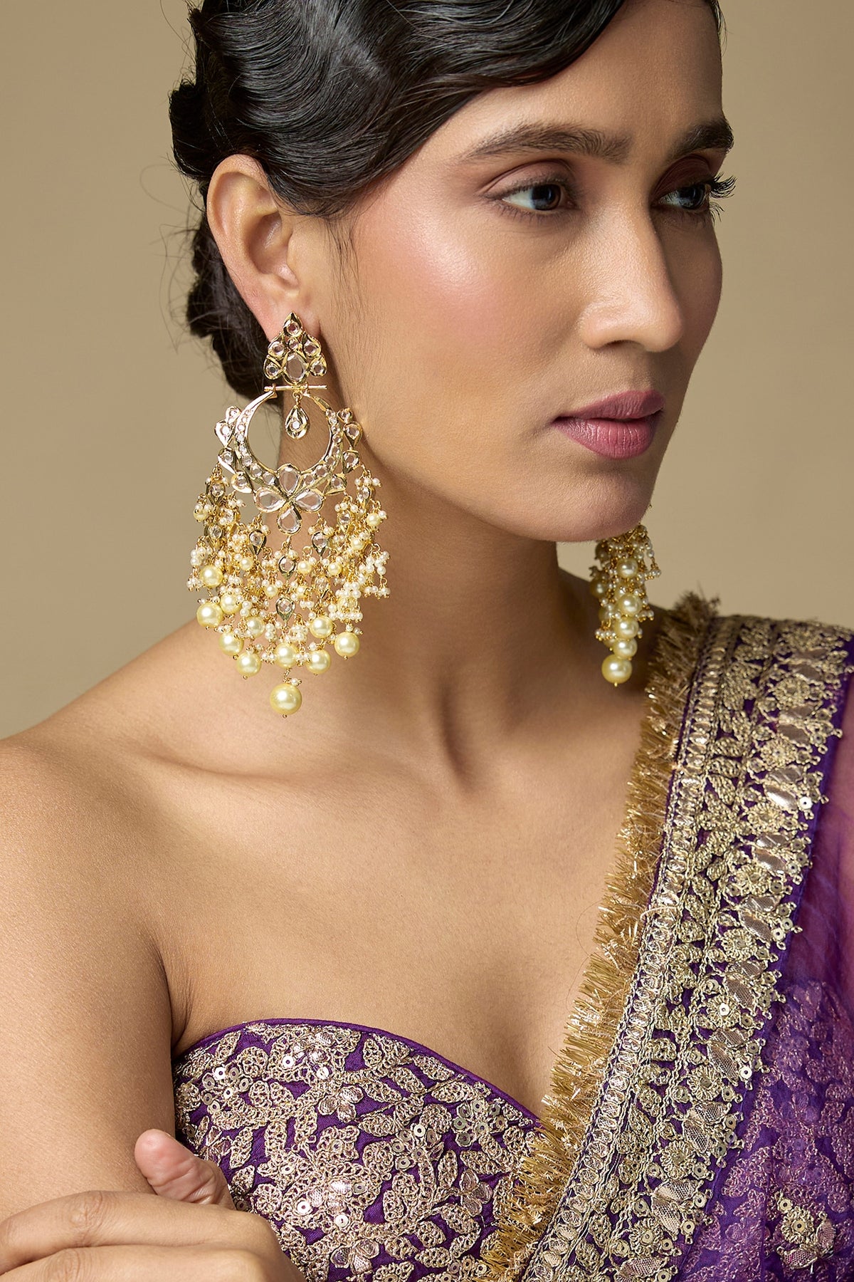 Gold Finish Polki Diamond & Pearl Drop Dangler Earrings