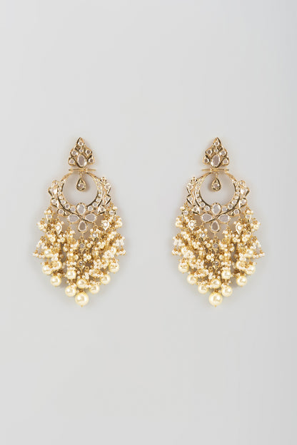 Gold Finish Polki Diamond & Pearl Drop Dangler Earrings