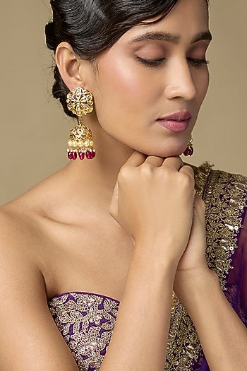 Gold Finish Kundan Polki & Ruby Drop Jhumka Earrings
