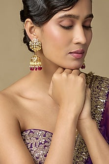 Gold Finish Kundan Polki & Ruby Drop Jhumka Earrings