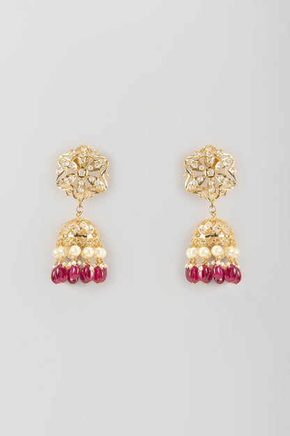 Gold Finish Kundan Polki & Ruby Drop Jhumka Earrings