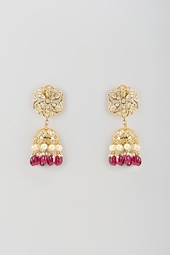 Gold Finish Kundan Polki & Ruby Drop Jhumka Earrings